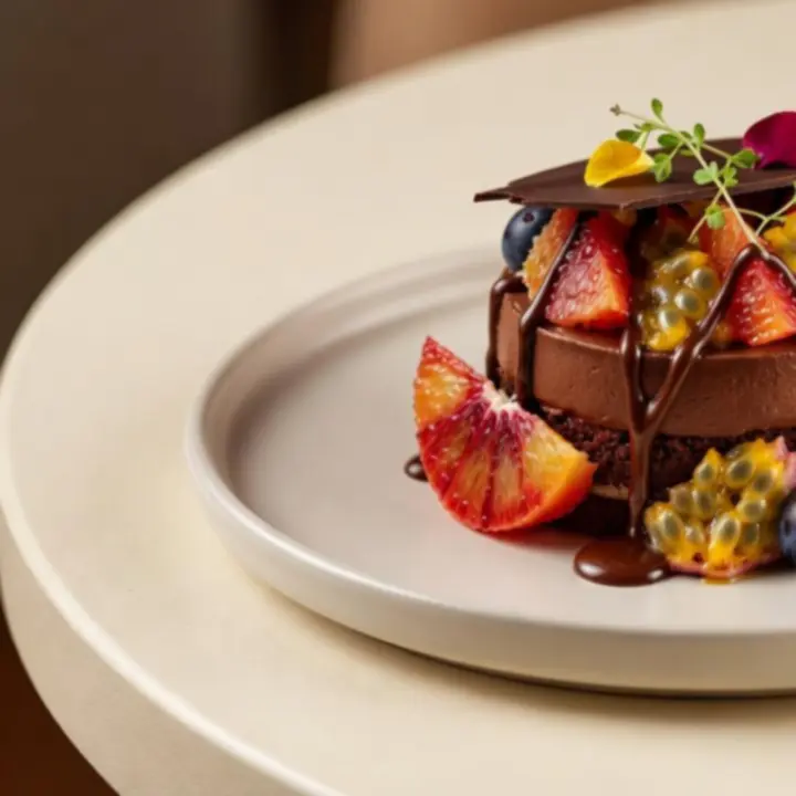 A close-up of an elegant plated dessert in a warm bistro setting