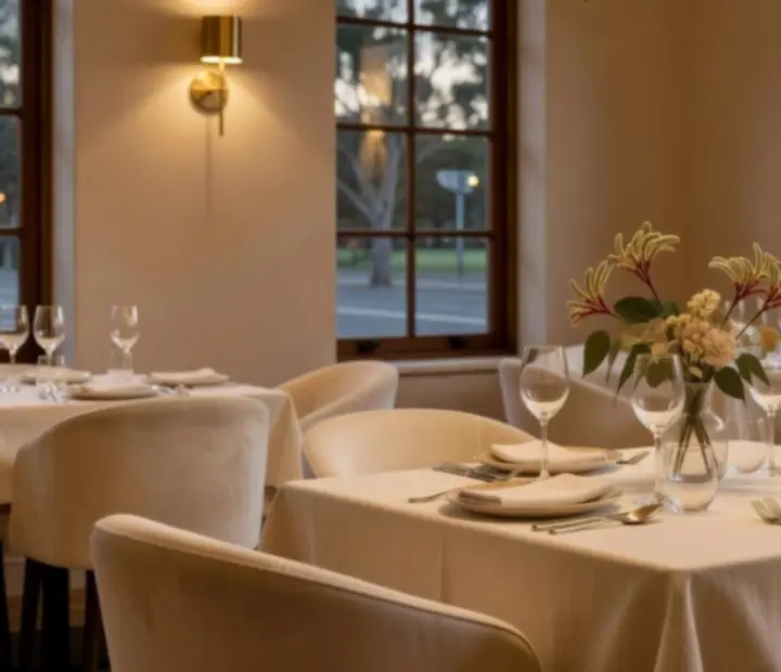 Warmly lit bistro interior with guests dining at The Blazing Showdown.