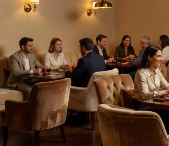 Intimate offline card lounge interior with plush seating and warm lighting