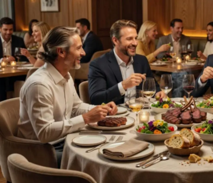 Guests enjoying chargrilled cuisine at a warm, ambient banquet table