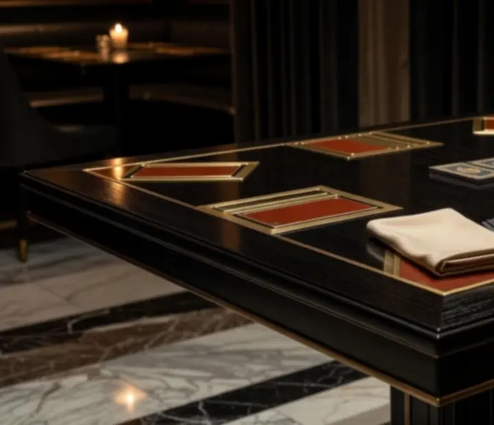 Close-up of a handcrafted offline poker table with warm timber detail