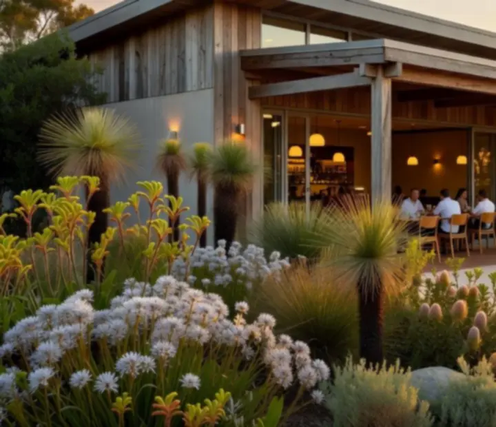 Warmly lit exterior of The Blazing Showdown dining pavilion at dusk