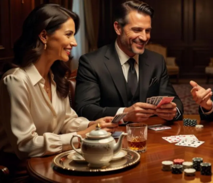 Guests enjoying an evening card game with drinks in the lounge