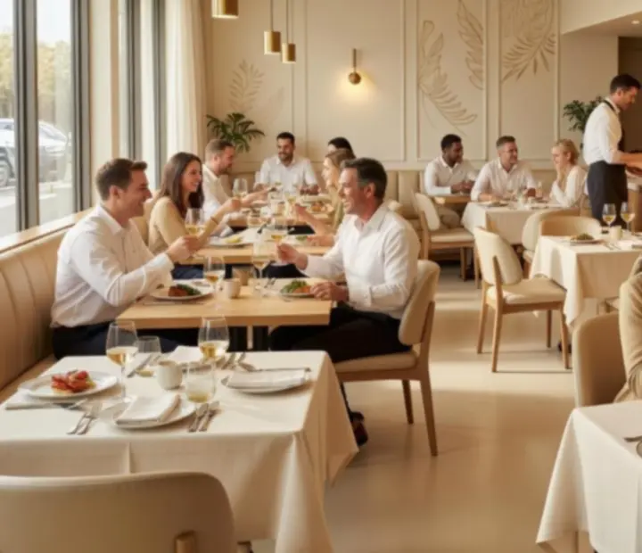 Guests enjoying chargrilled dishes inside a softly lit pavilion bistro