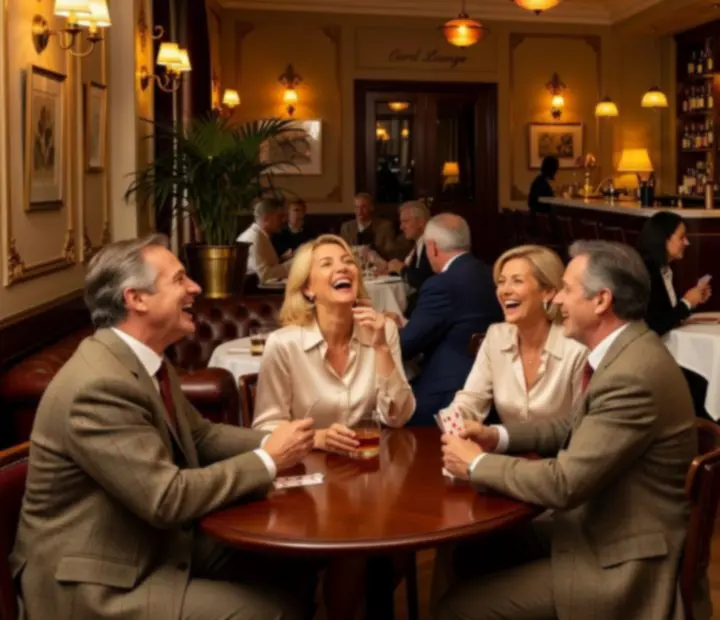 Atmospheric view of the lounge with guests, warm lighting, and poker tables