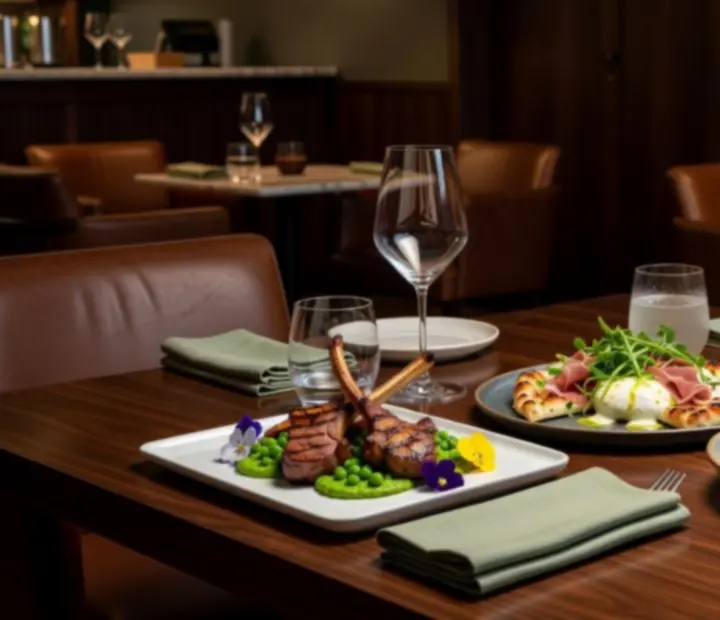 Gourmet lounge small plates and drinks arranged beside a poker table