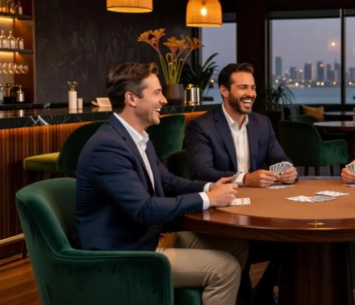Guests sharing conversation and laughter in The Showdown Salon during an evening of card play