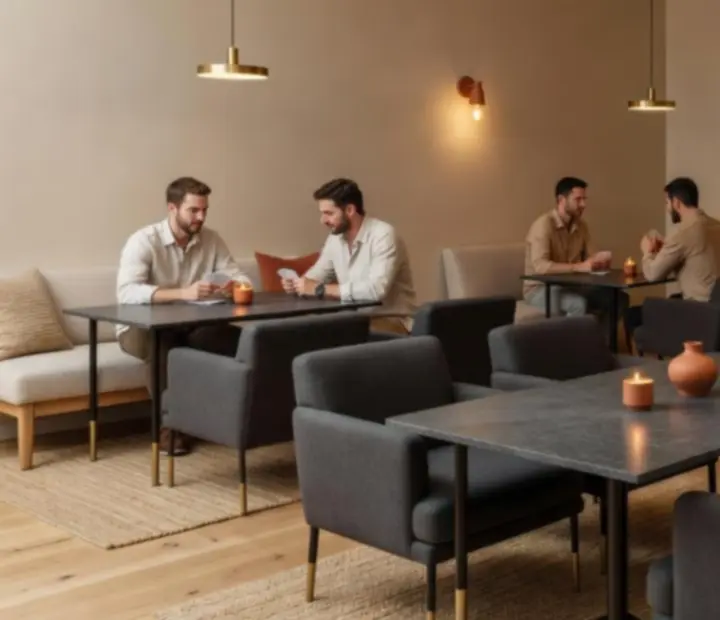 Guests gathered around a warm, softly lit offline poker table in The Showdown Salon
