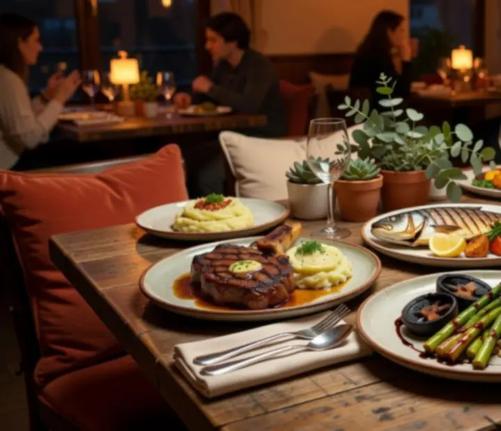 Warm dining room with beautifully plated dishes at The Blazing Showdown