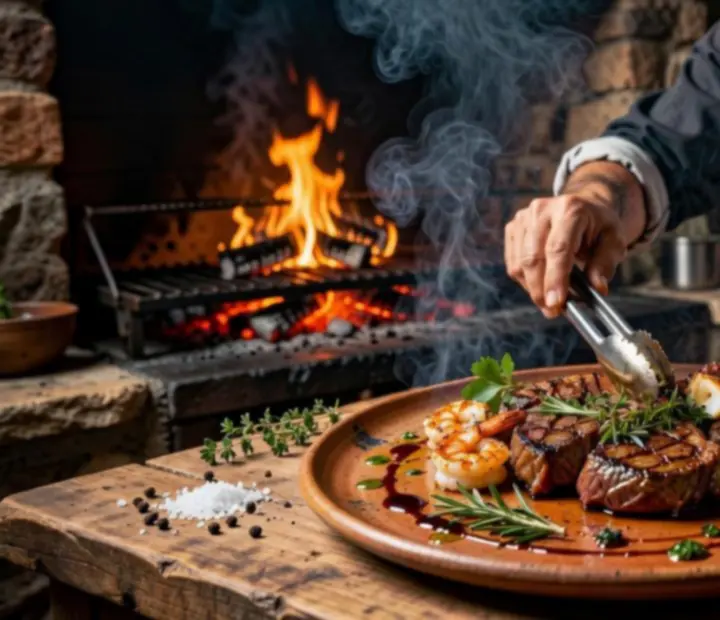 Chef tending to woodfire mains in an open bistro kitchen